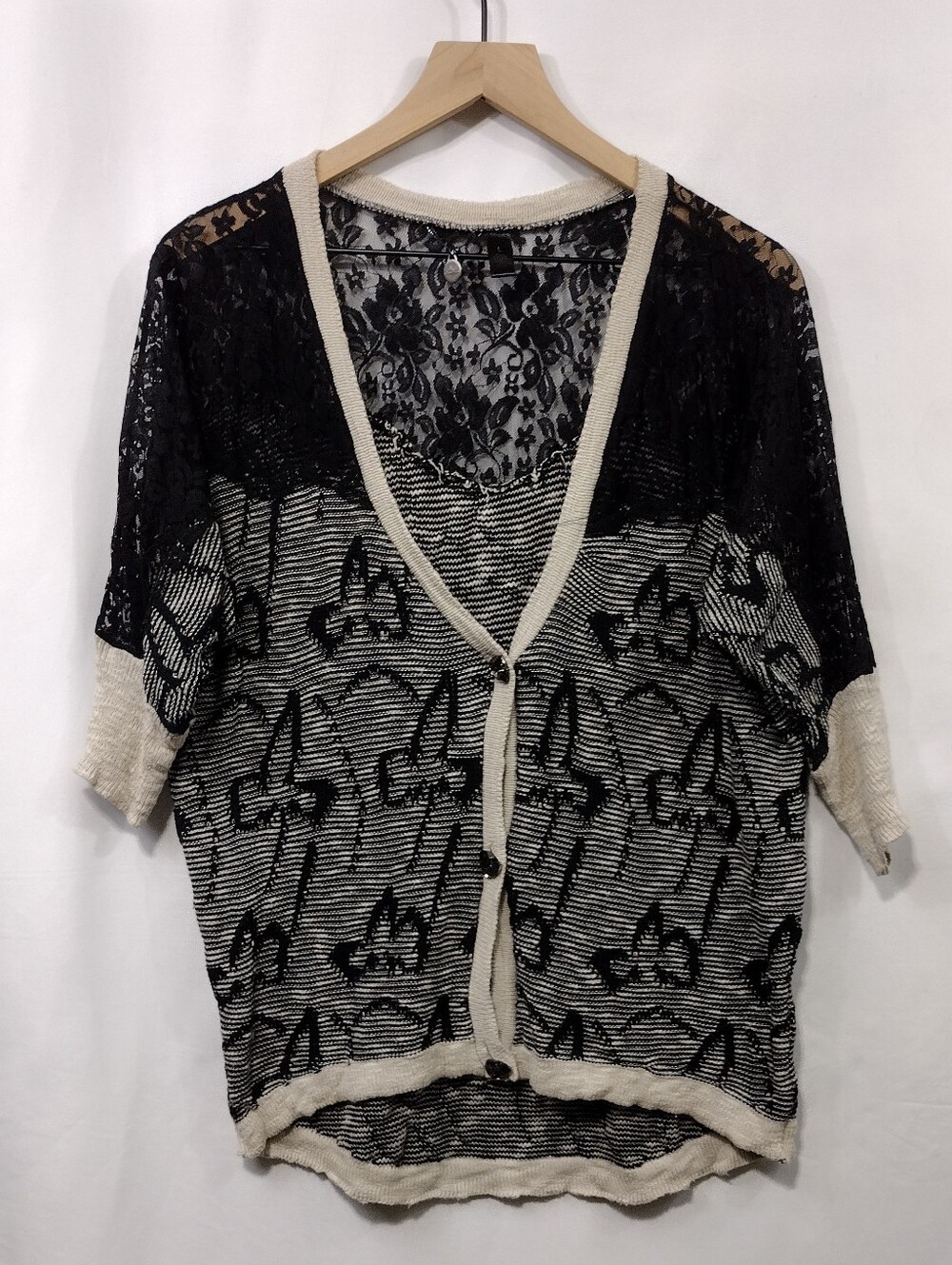 BKE Lace-Trim Short Sleeve Button Cardigan Womens L Black Cream Bobo Retro